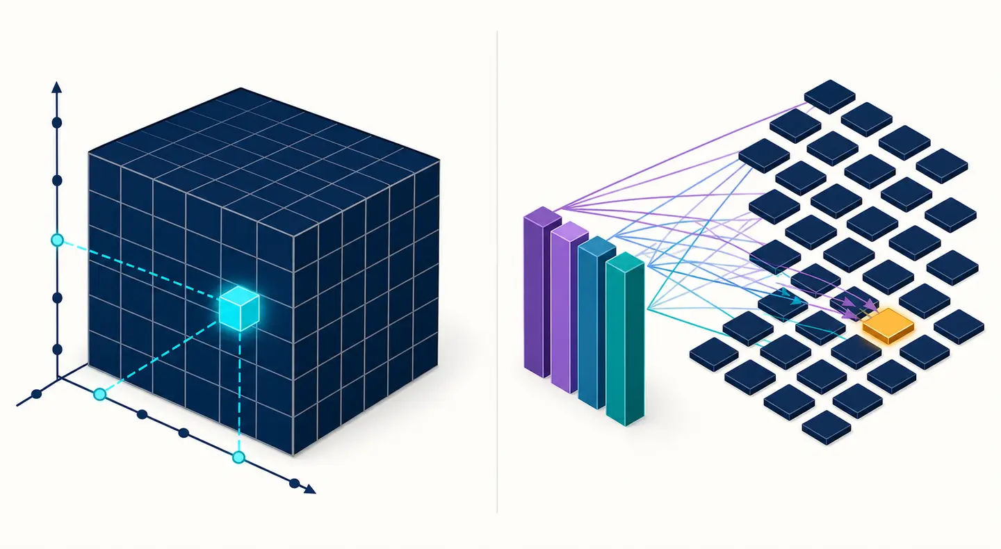 On the left, three coordinates identify one glowing cell in a dense grid. On the right, a small set of colored feature columns connects to many output tiles and combines at one highlighted tile.