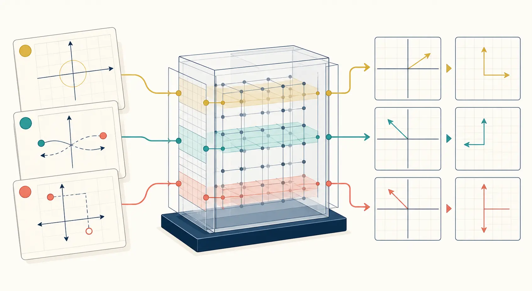 Abstract geometric transformation cards enter a regular grid and emerge as linear actions on coordinate planes.