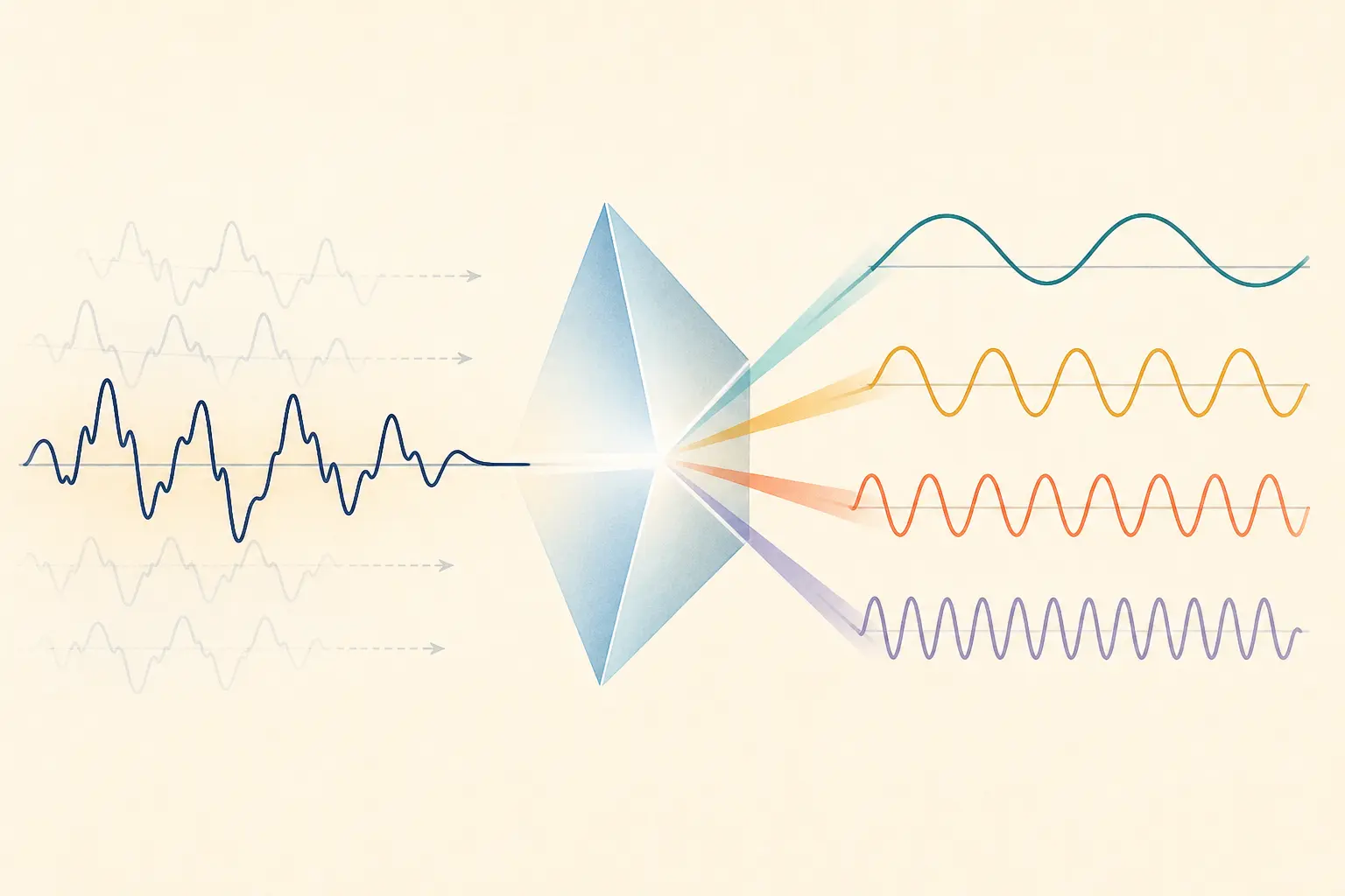 A complicated waveform passes through a prism-like transform and separates into four smooth component waves.