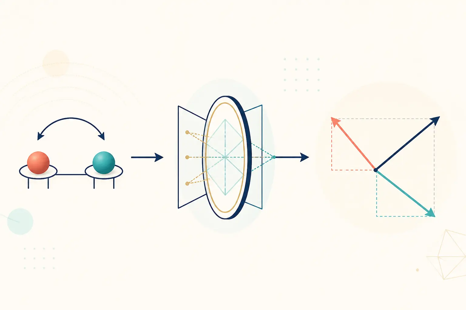 Two colored tokens can swap, pass through a geometric transformation, and emerge as decomposed vector directions.
